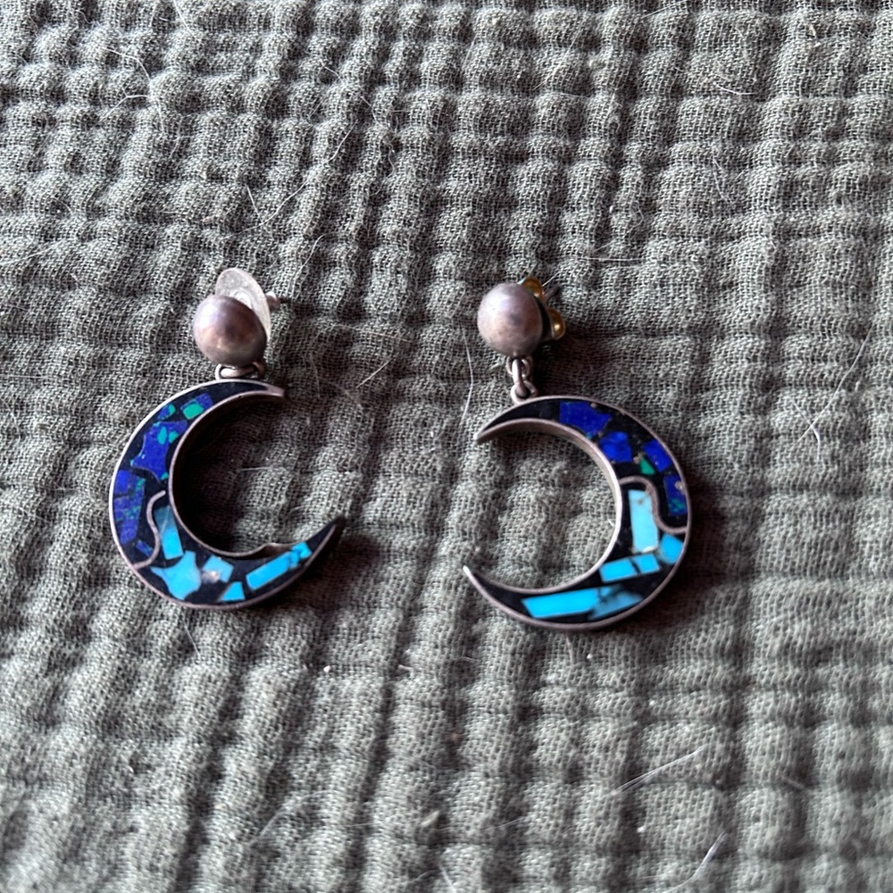 Taxco vintage sterling lapis lazuli blue Crescent Moon Earrings
